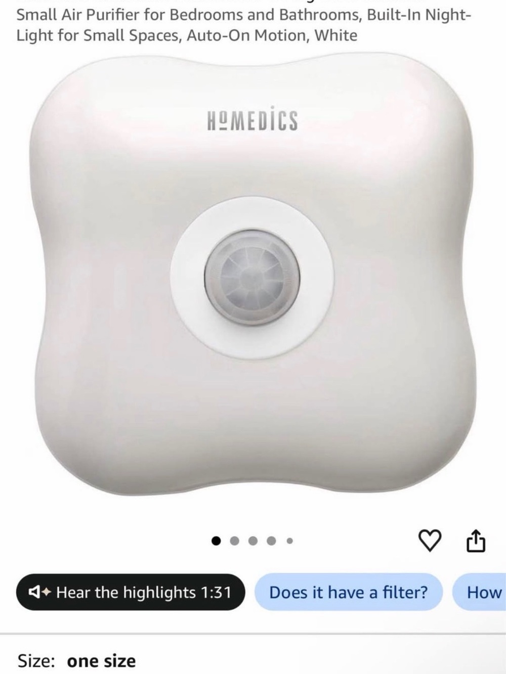 HoMedics White Small Air Purifier with Built-In Night Light
